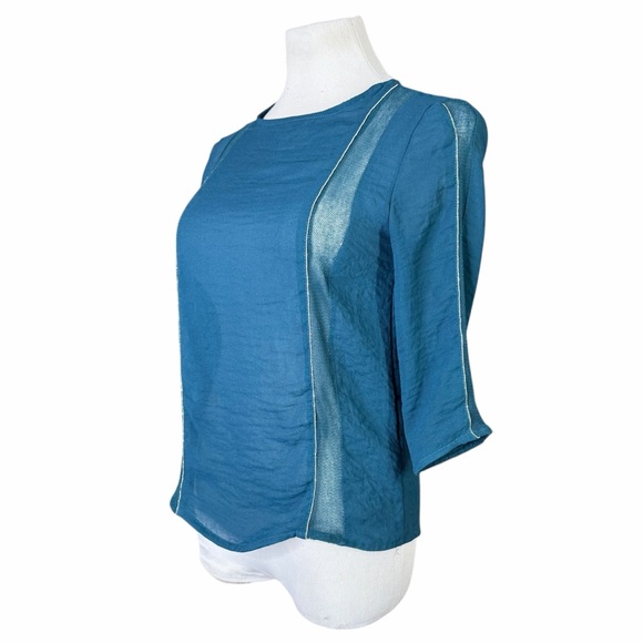 Zara W&B Collection Teal Sheer Mesh Panel Keyhole Back 3/4 Sleeve Blouse - Small - Picture 4 of 16